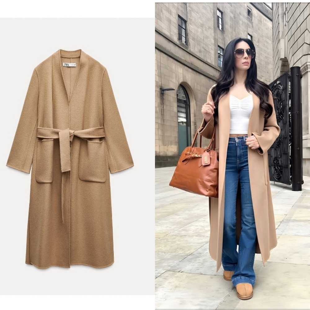 Zara Wool Belted Coat Size L Minimalist Tan Camel, New With Tag